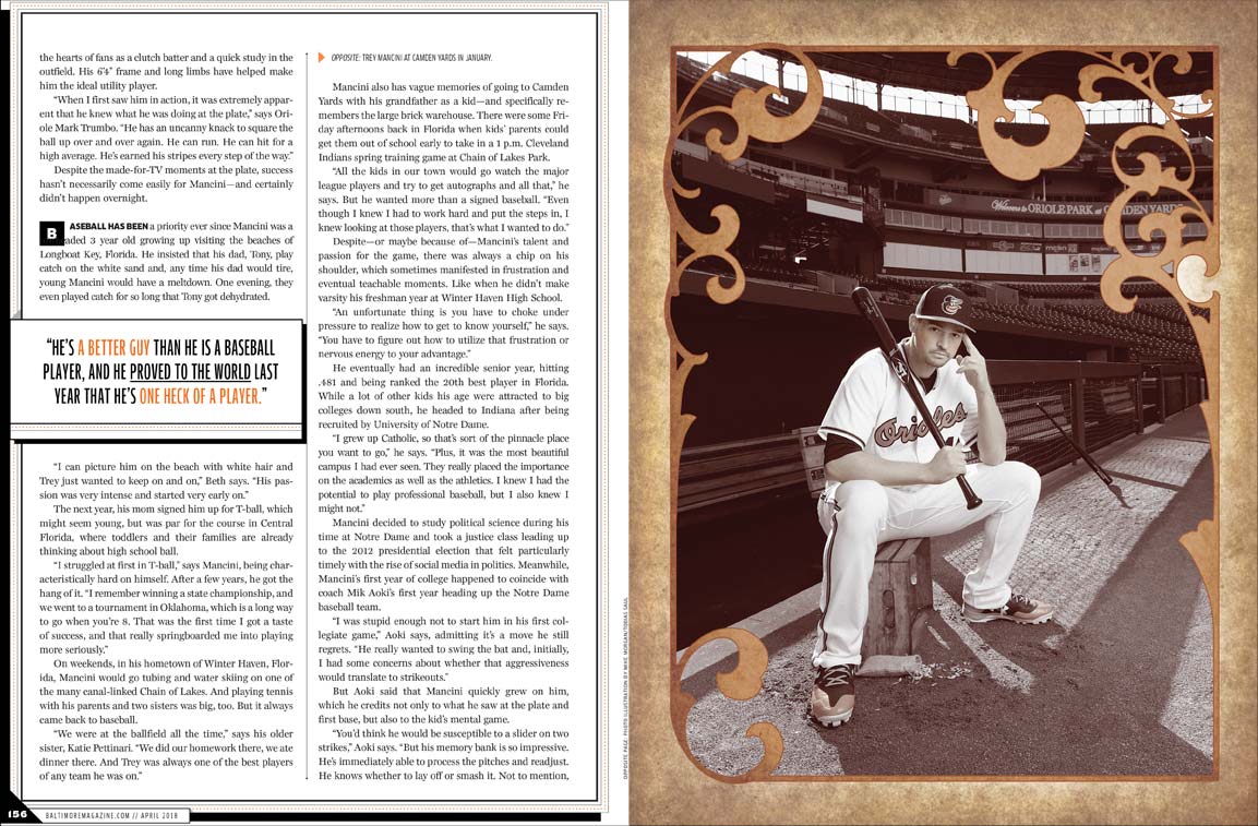 Baltimore Magazine spread featuring Baltimore Oriole Trey Mancini