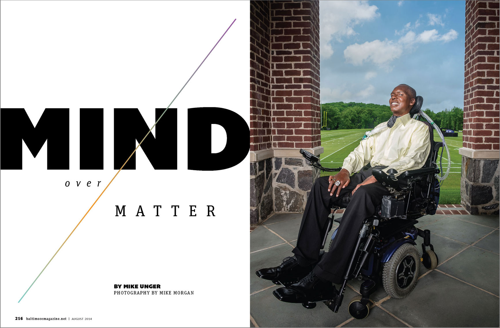 Baltimore Magazine spread featuring Baltimore Ravens coach and ALS advocate OJ Brigance