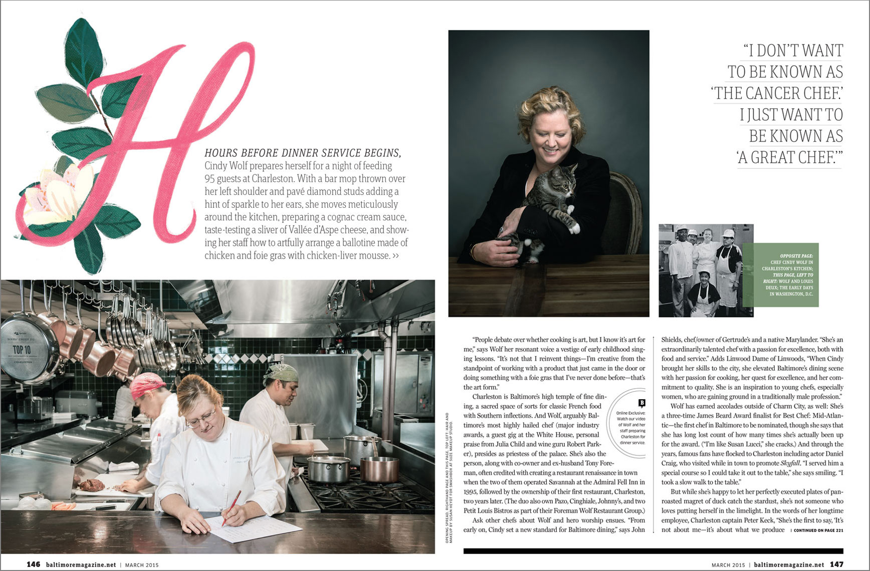 Baltimore Magazine spread featuring chef and James Beard finalist Cindy Wolf