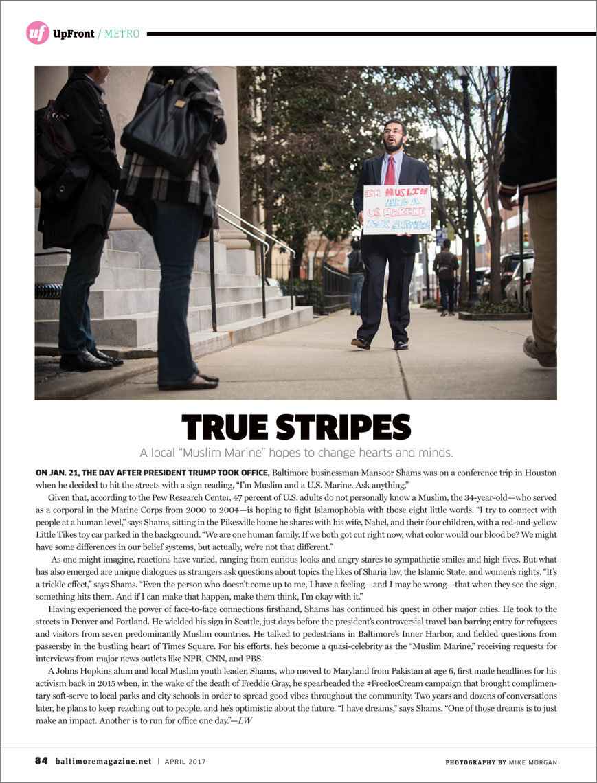 Baltimore Magazine tear sheet featuring Mansoor Shams