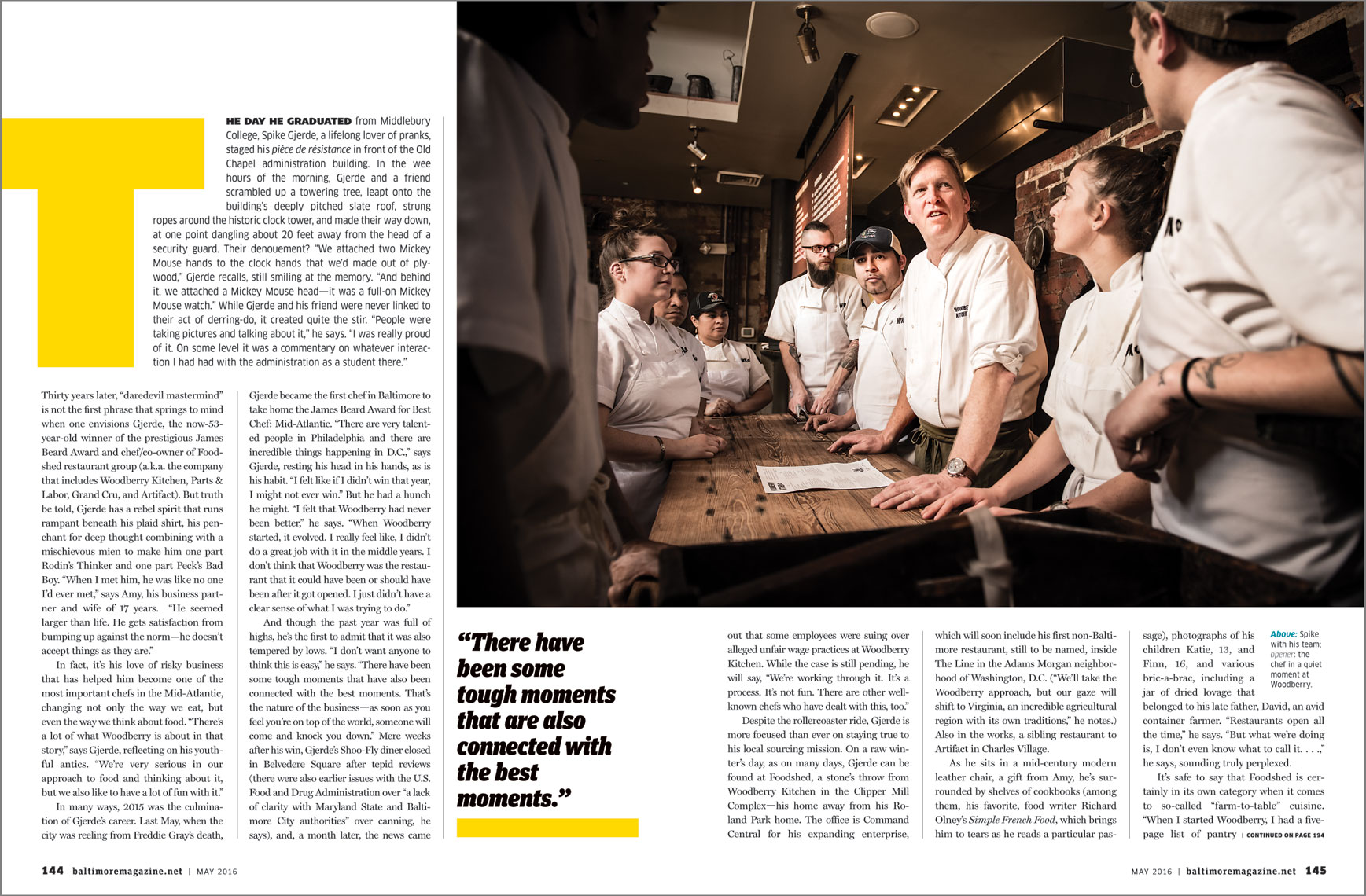 Baltimore Magazine spread featuring James Beard winning chef Spike Gjerde