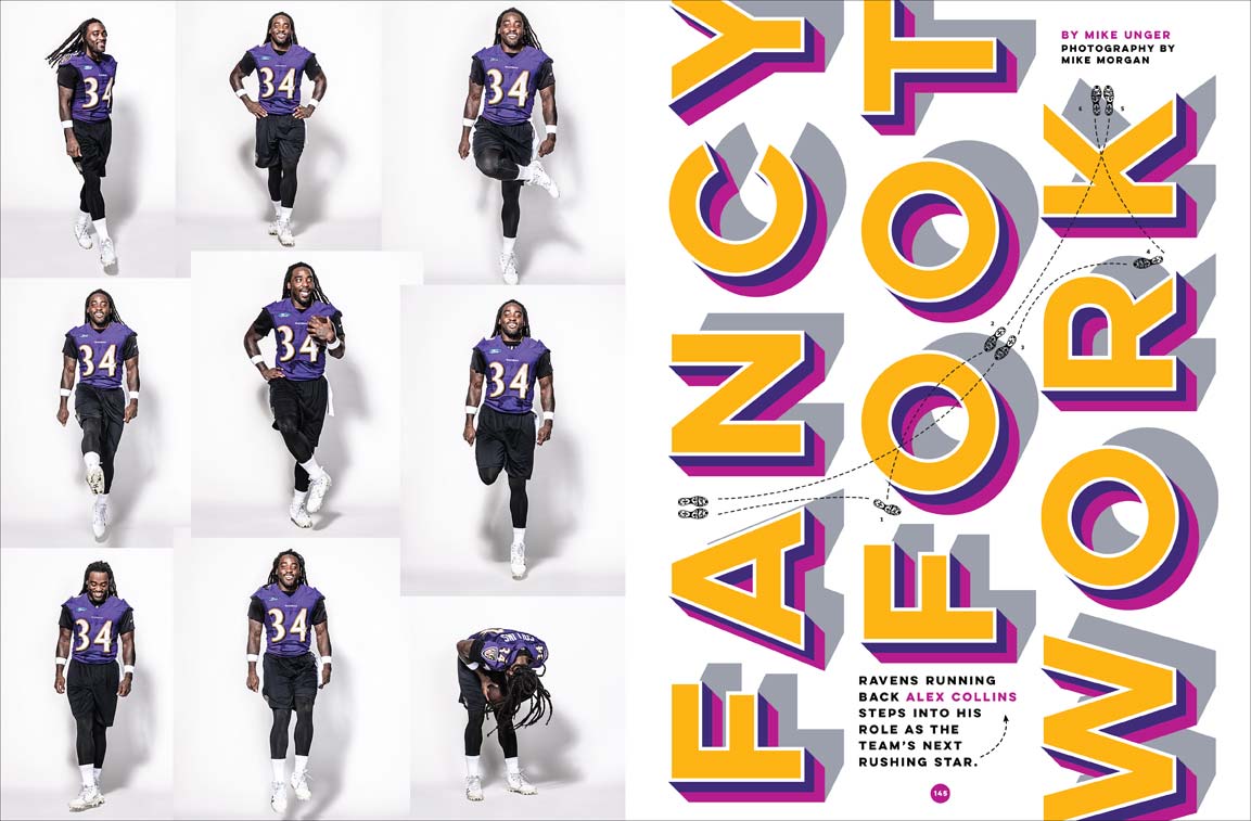Baltimore Magazine spread featuring Baltimore Ravens running back Alex Collins