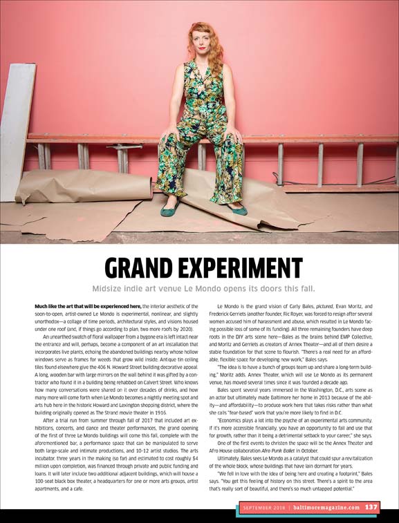 Baltimore Magazine tear sheet featuring Carly Bales, founder of Le Mondo
