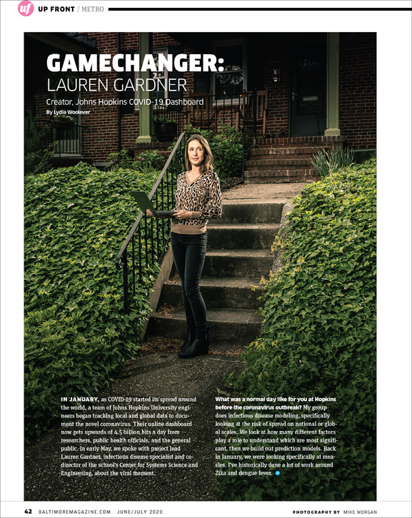 Baltimore Magazine tear sheet featuring COVID-19 dashboard founder Lauren Gardner