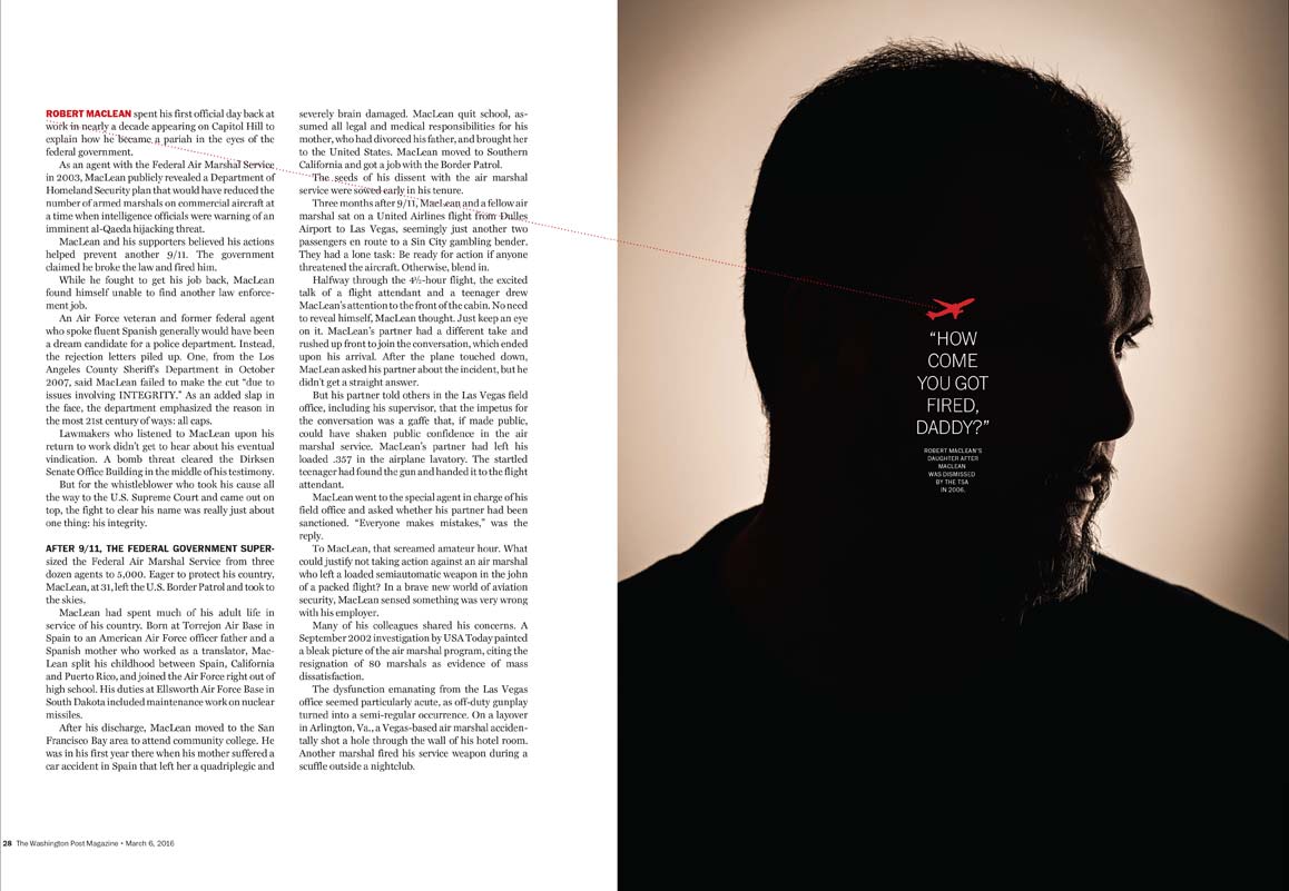 Washington Post Magazine spread featuring whistleblower Robert MacLean