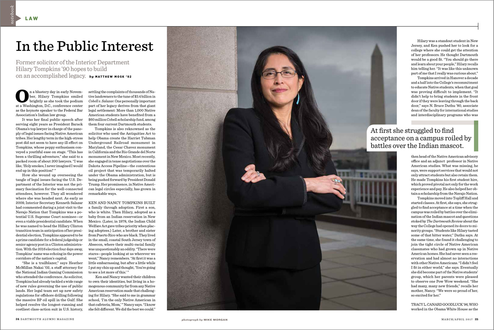 Dartmouth Alumni Magazine spread featuring Hilary Tompkins