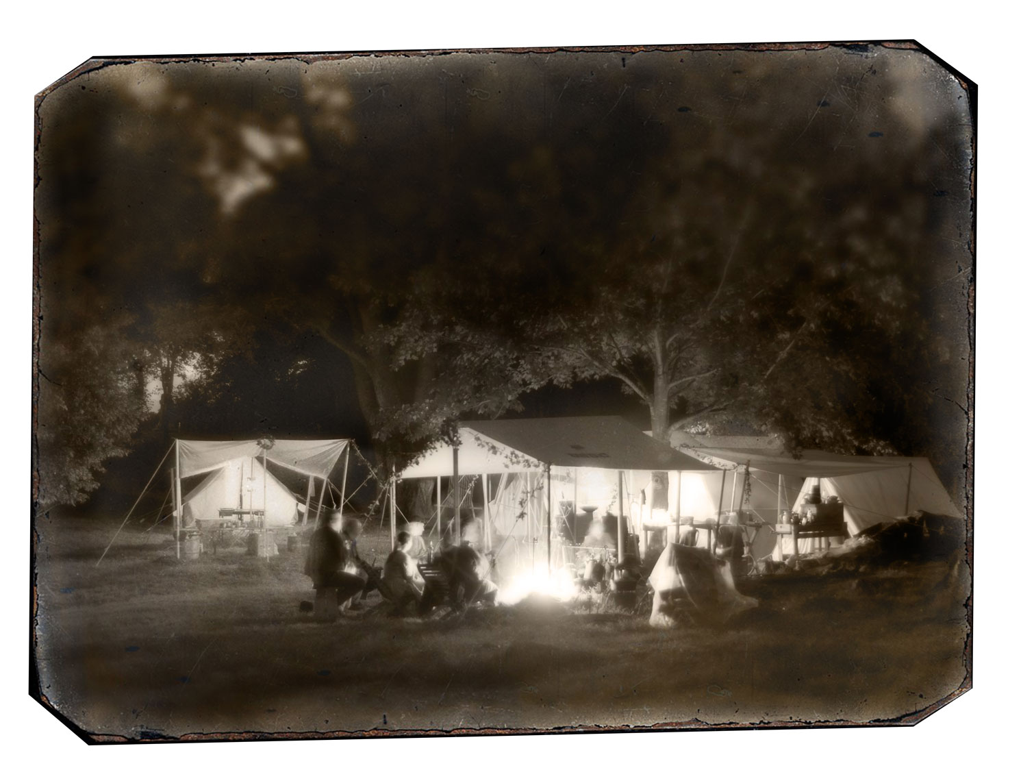 Civil War reenactors at Antietam: reenactors camping on the battlefield at night