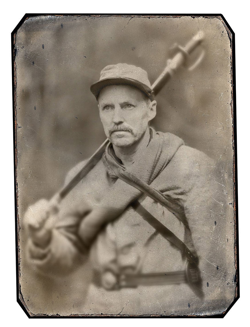 Civil War reenactors at Antietam: black and white portrait of reenactor Sandy Andrews