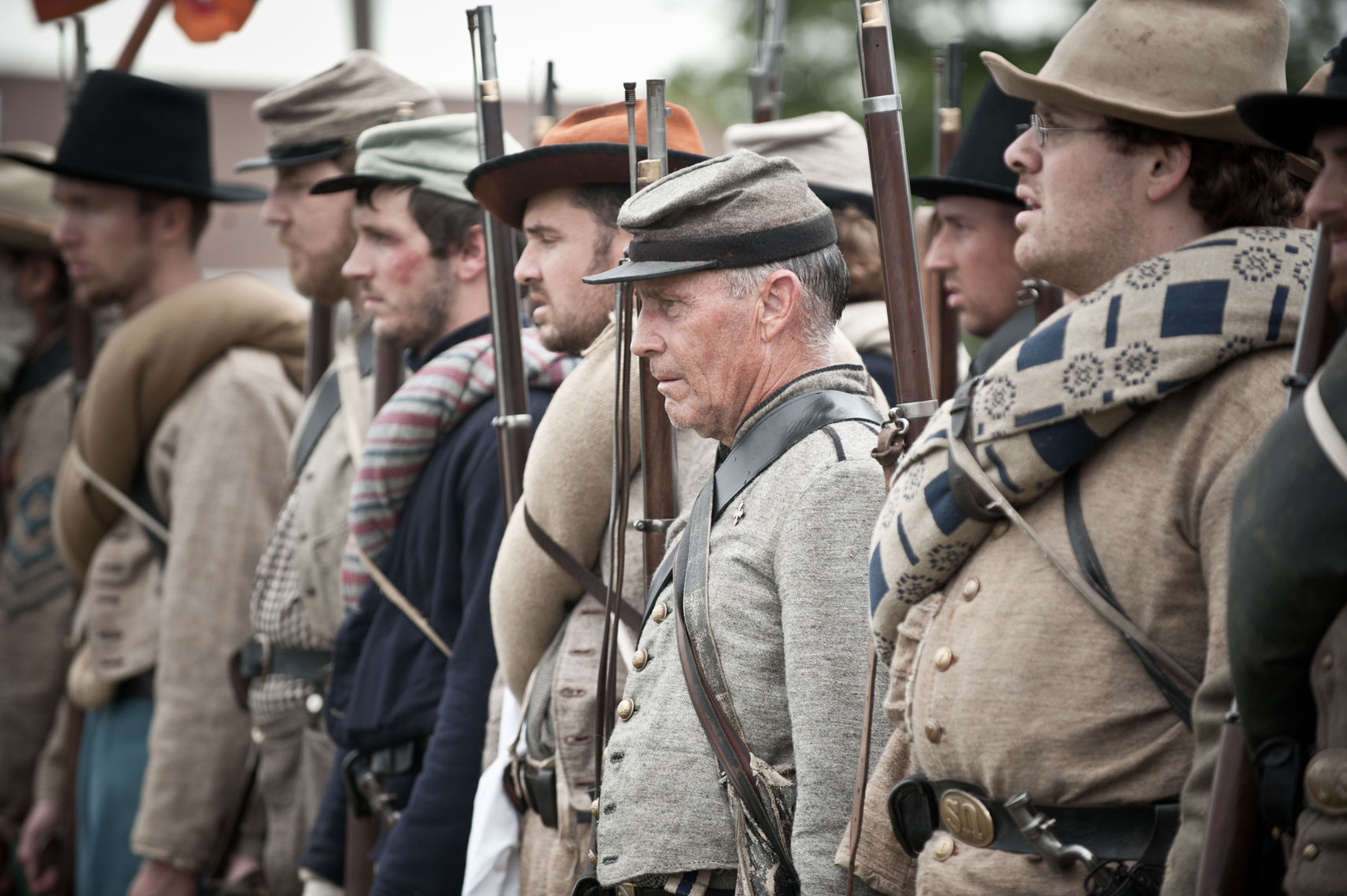 Civil War reenactors at Antietam: a group of reenactors stands at attention