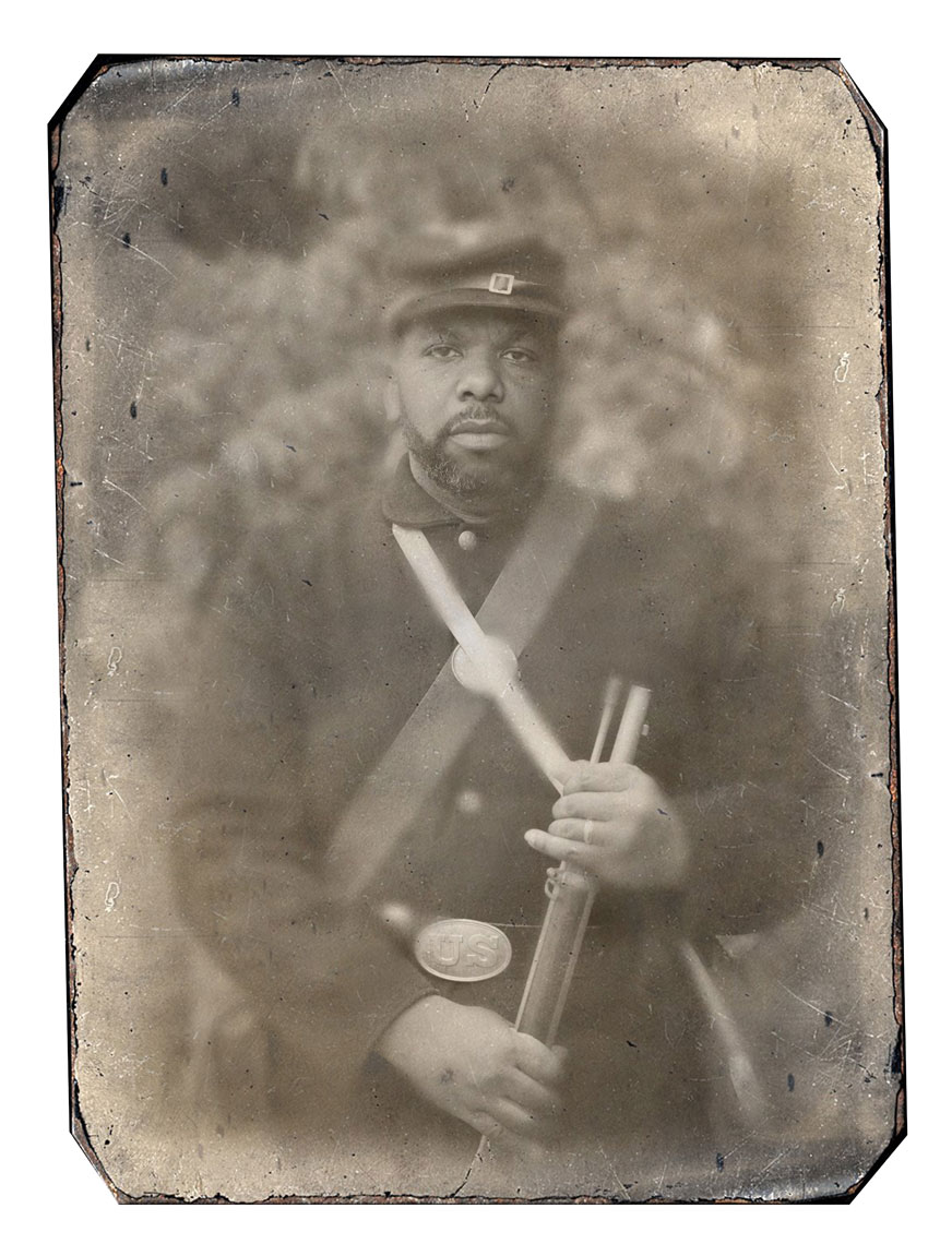 Civil War reenactors at Antietam: a black and white portrait of reenactor Roger Davidson Jr.
