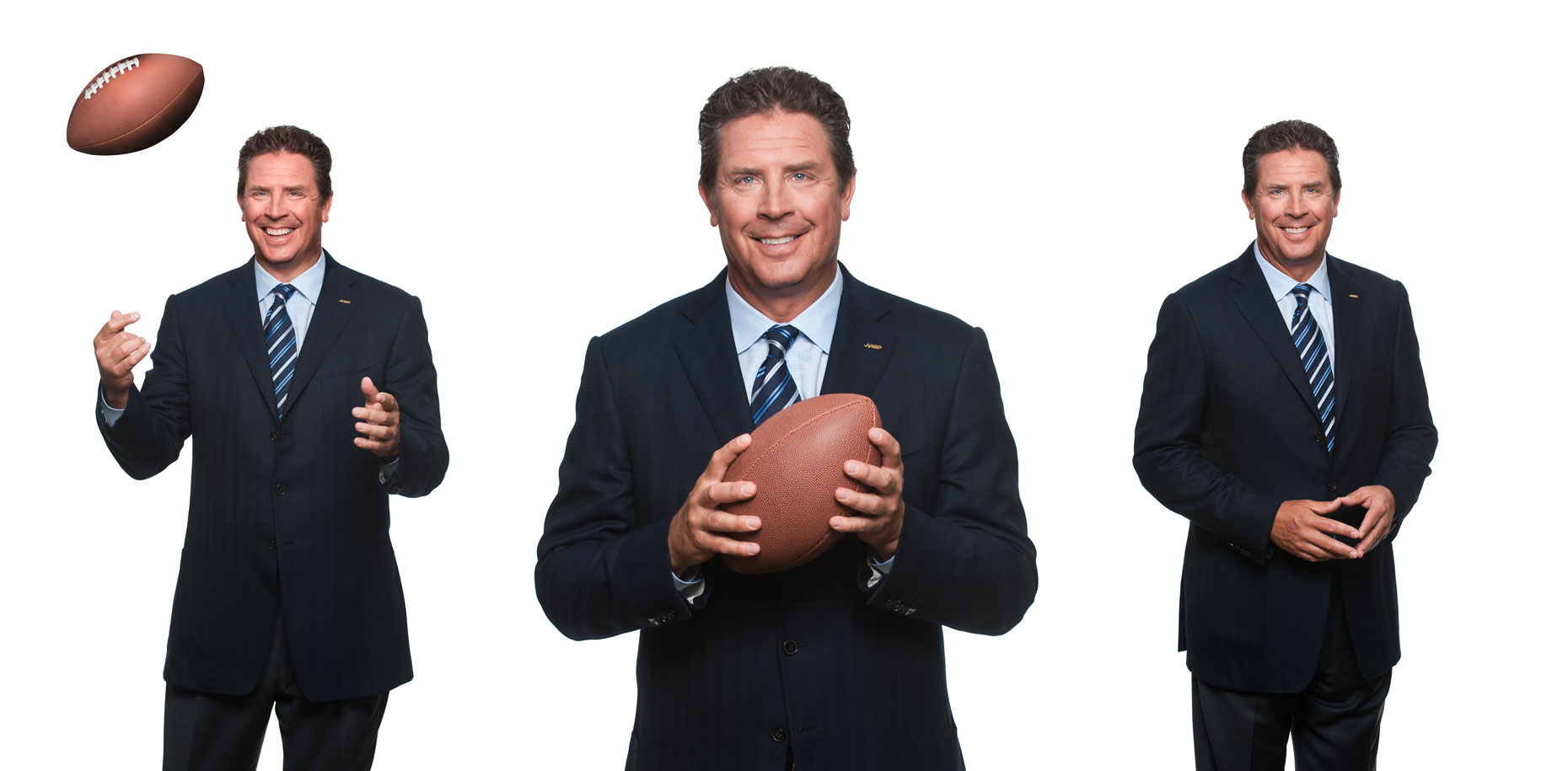 Dan Marino smiling with a football in front a white background