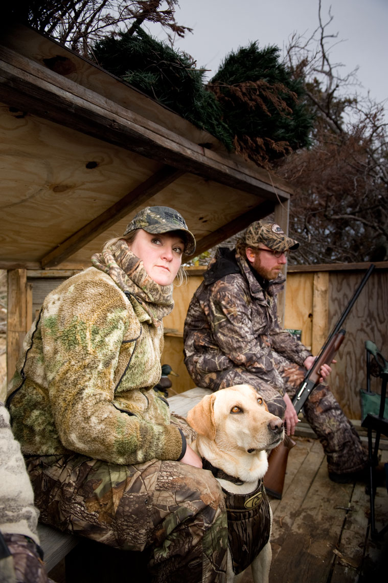 Hunting for waterfowl on the Eastern Shore of Maryland: hunters wait in the blind for birds to fly over