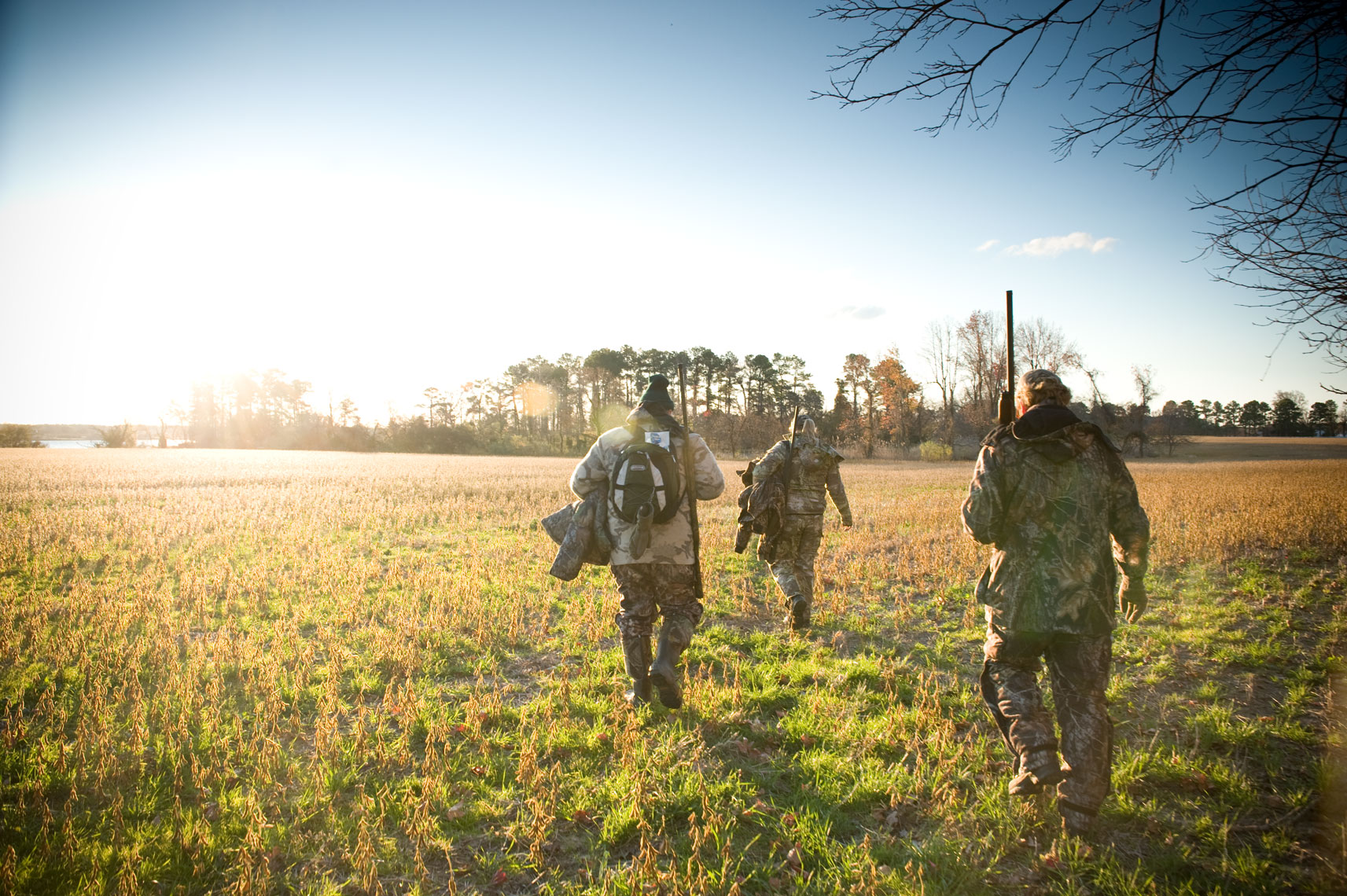 Hunting for waterfowl on the Eastern Shore of Maryland: hunters walk across a field toward the setting sun