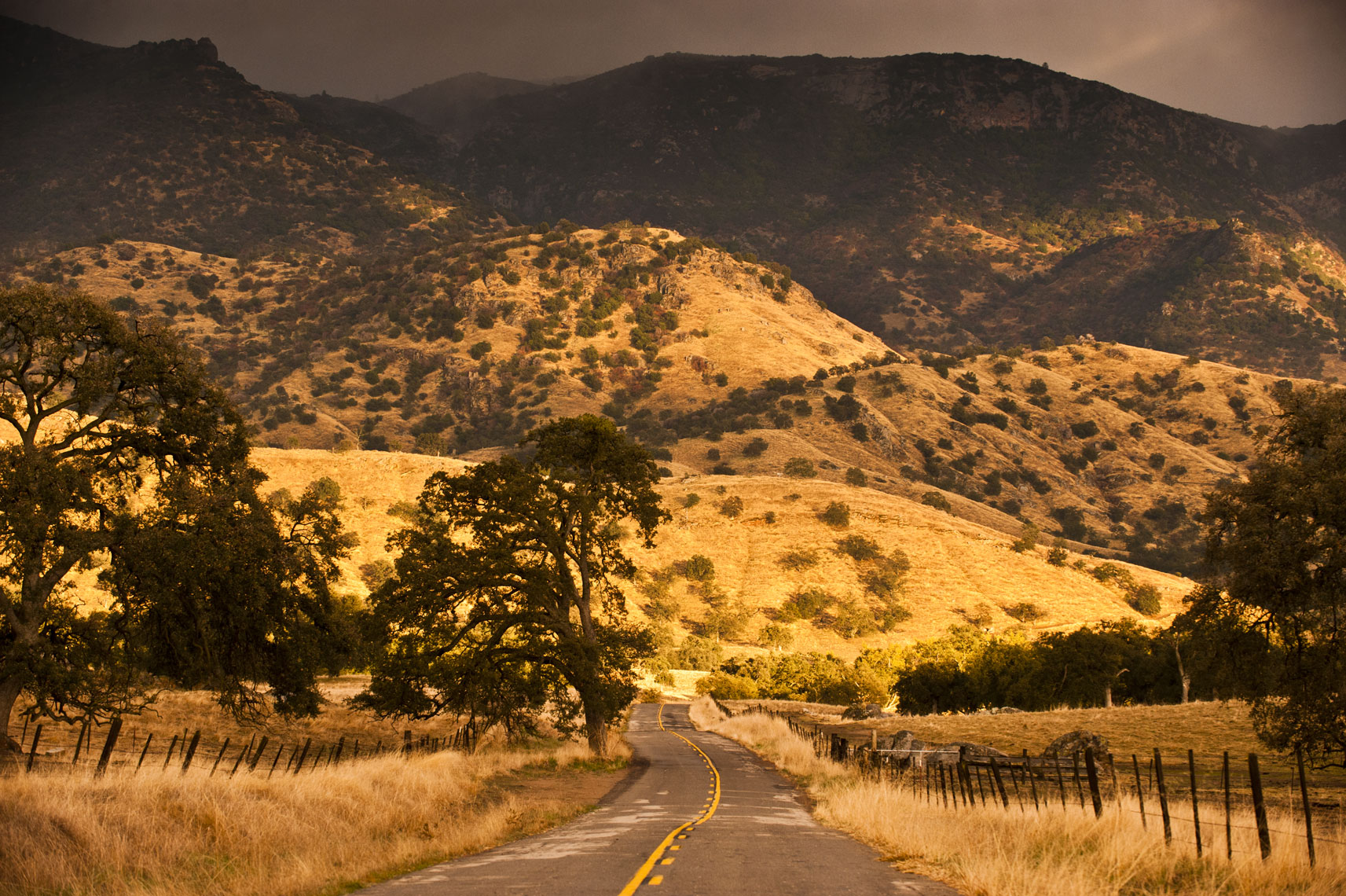 An empty highway leads toward darkening hills in the Yokohl Valley, California
