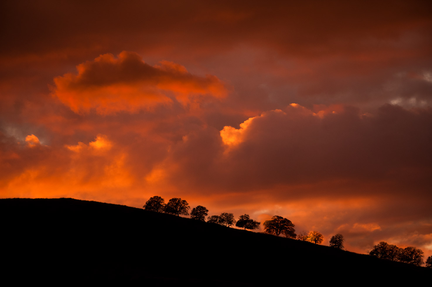 Deep sunset colors in the sky behind a silhouetted hillside in Yokohl Valley, California