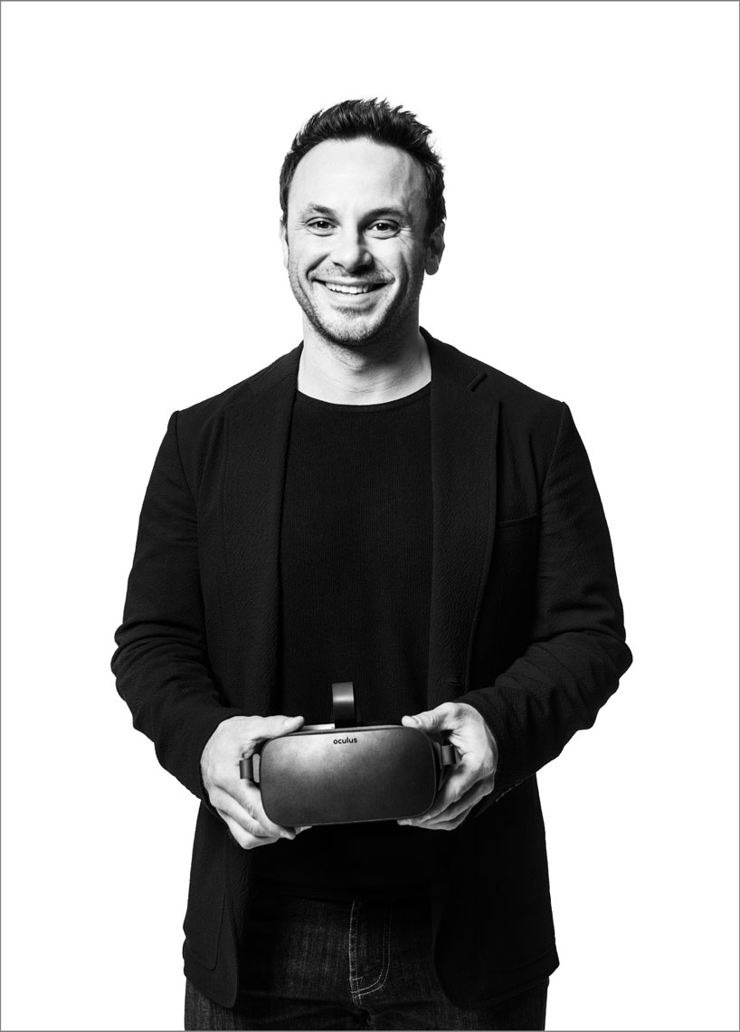 A black and white portrait of Oculus VR co-founder Brendan Iribe on a white background